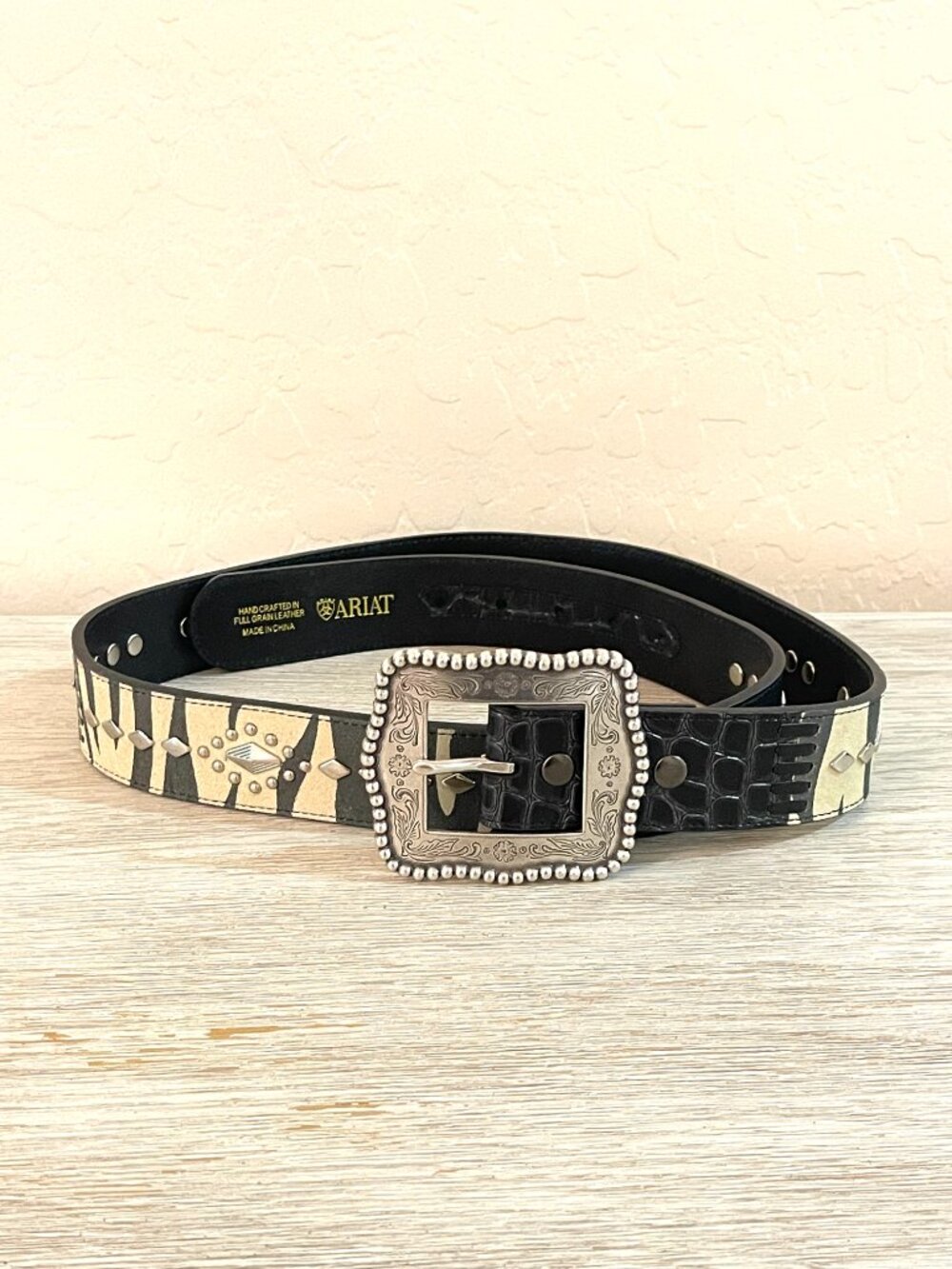 Vintage Ariat Belt Black Leather Zebra Stripe Stud Silver Buckle 2007 Size 38